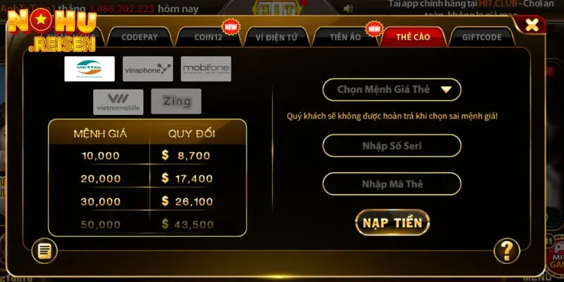 Nạp tiền Hitclub bằng cách giao dịch qua thẻ cào