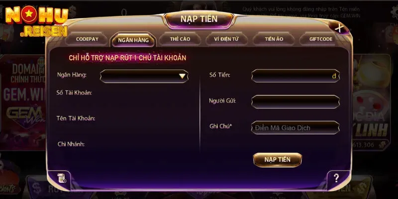 GemWin - Sân Chơi Đẳng Cấp Với Trải Nghiệm Vượt Trội 7 Nạp tiền vào tài khoản GemWin